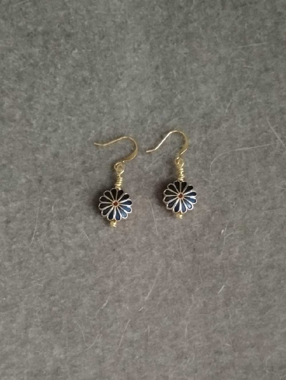 Hand Crafted Gold and Navy Blue Floral Drop Earrings
